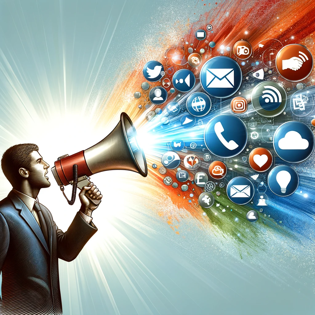 A person talking into a megaphone, with social media and marketing icons emerging from it.