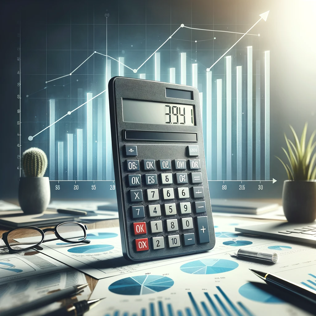 A desk calculator as the focal point, prominently displayed in the center. Behind the calculator, there's a subtle background of an increasing bar graph.